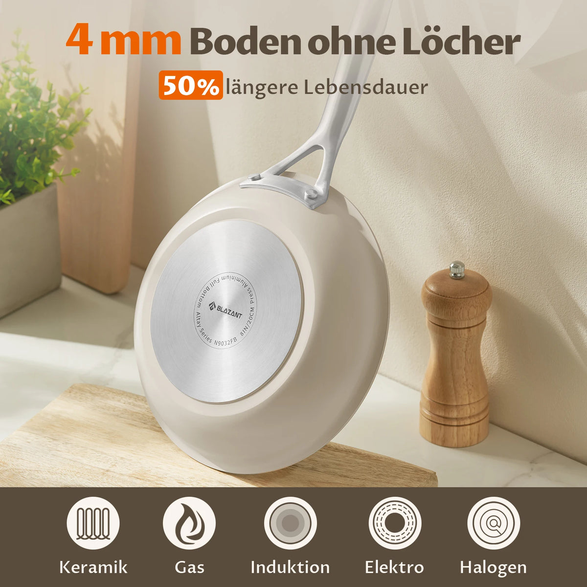 Padella in ceramica a induzione 28 cm con manico in acciaio fuso, beige, padella in ceramica senza PTFE e PFOA, padella in ceramica a induzione 28 cm, non-s
