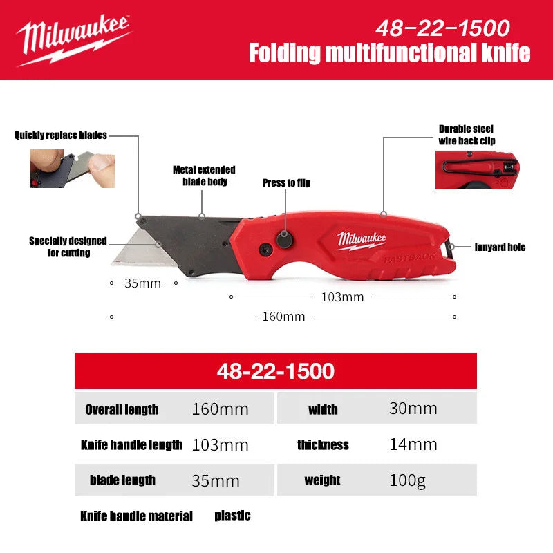Serie Milwaukee FASTBACK, Coltello Multifunzione Pieghevole 6-in-1, Angolo della Lama Inferiore a 60 Gradi ° Coltello pieghevole con custodia, coltello artistico