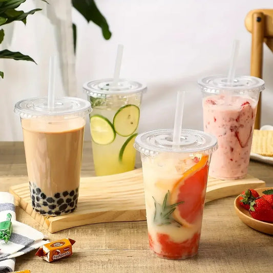 100 Bicchieri in Plastica Trasparente con Coperchi da 350ml, Contenitori Monouso per Bevande Fredde, Bubble Tea, Caffè Ghiacciato, Succhi, Frullati, Forniture per Feste