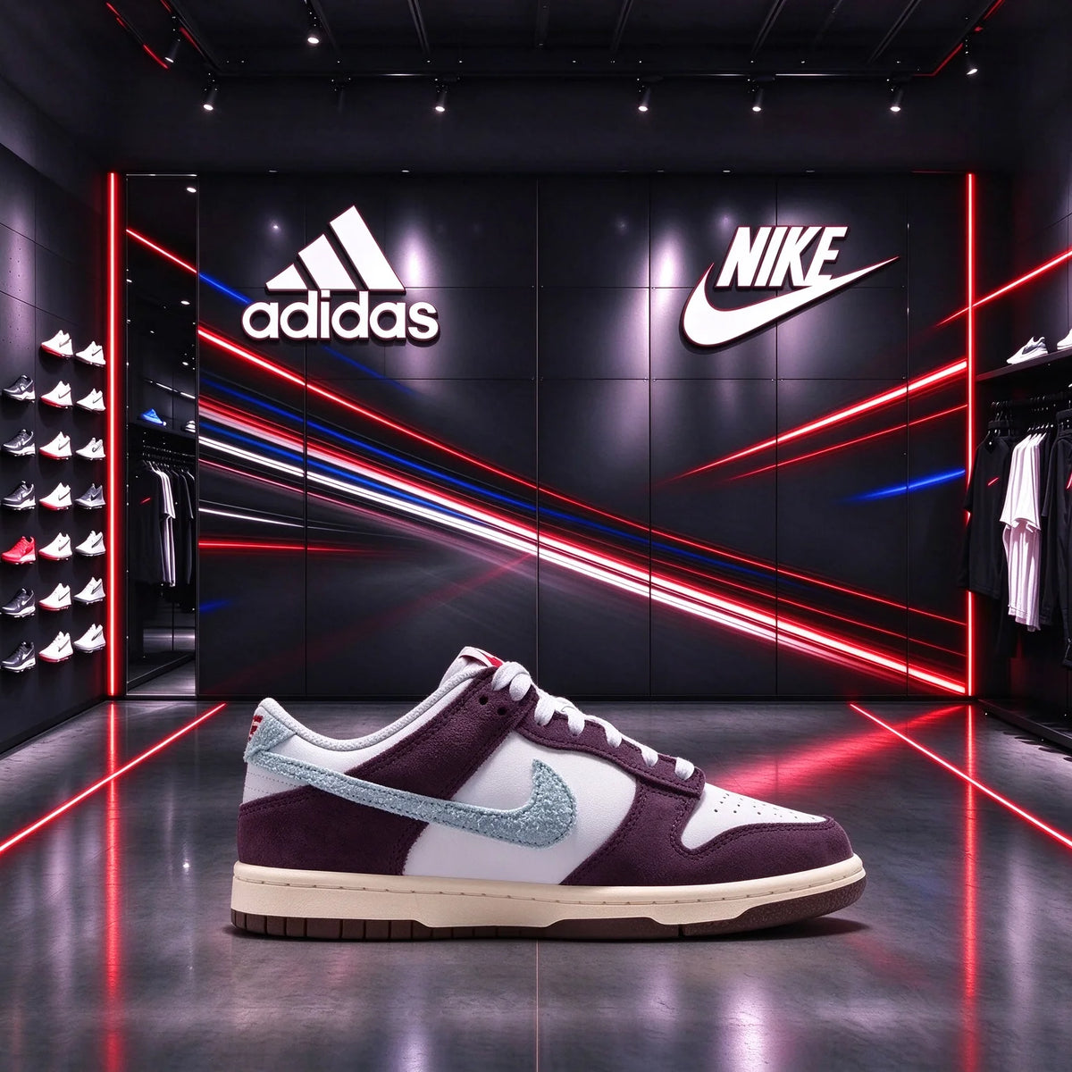 Sneakers Nike Low-Top, modello retro, casual, sportivo e alla moda, con colori a blocchi bianco, marrone e viola, e logo Flash Swoosh, IB5691-100.