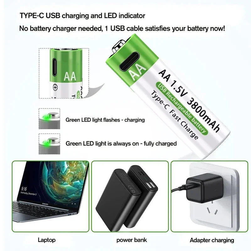 2026 NUOVA Batteria agli Ioni di Litio Tipo-C Ricaricabile ad Alta Capacità AA&AAA per Telecomando, Mouse, Giocattoli Elettrici