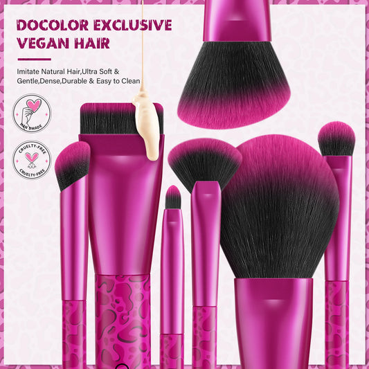 Docolor Set di 12 Pennelli per Trucco Viso Leopardati Rosa, Pennello Sottile per Fondotinta, Pennello per Blush, Correttore e Eyeliner