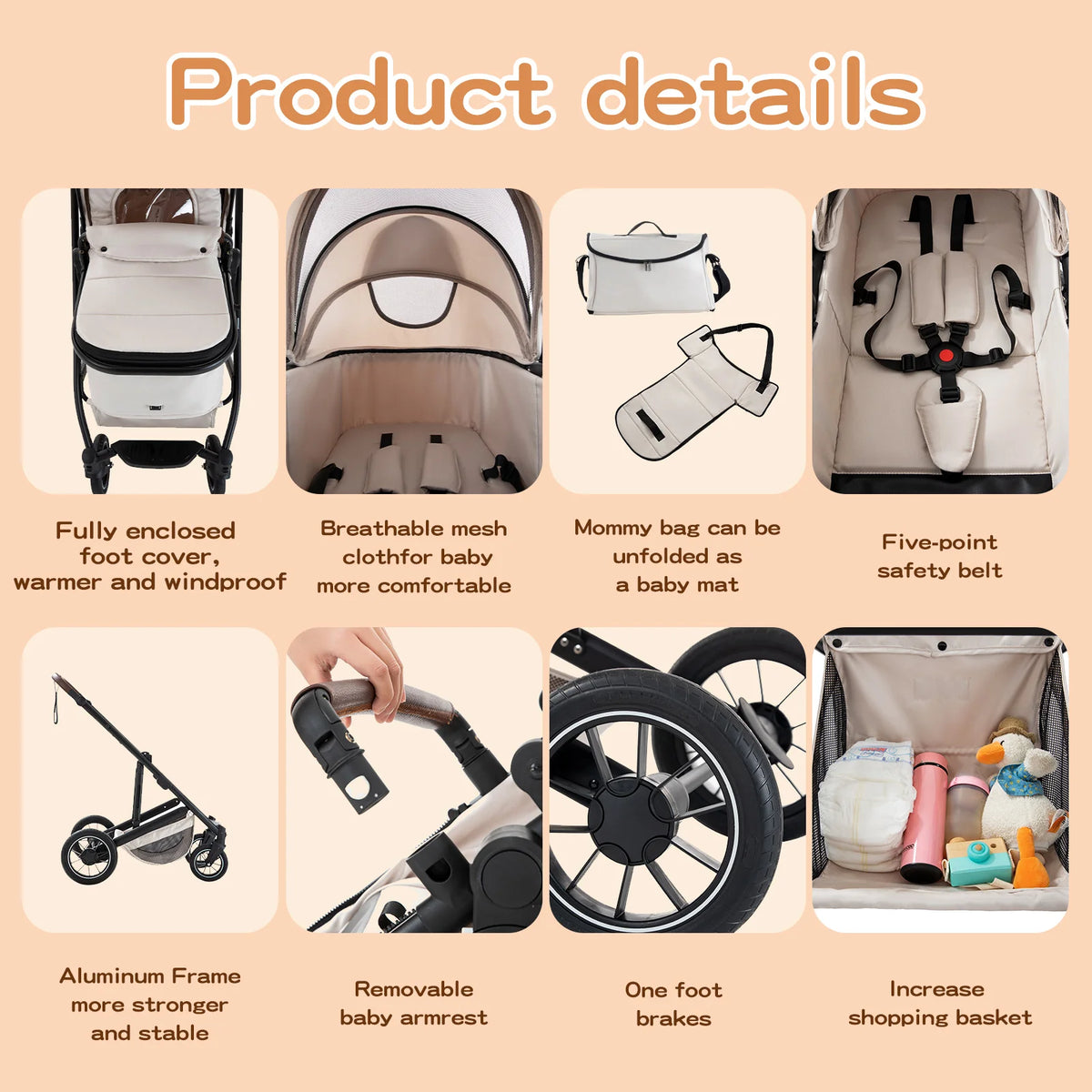 Lussuoso passeggino da viaggio portatile 3 in 1 Carrello pieghevole in alluminio ad alto paesaggio Carrozzina a quattro ruote per neonato