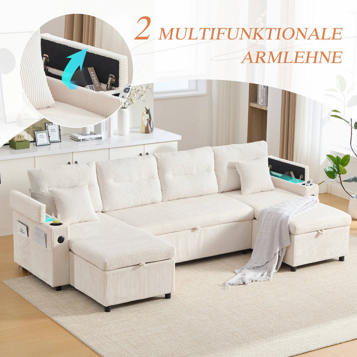 Divano in Velluto a 4 Posti con Vano Portaoggetti Integrato e Portabevande, Divano Moderno con Porte USB e Funzione Letto Estensibile