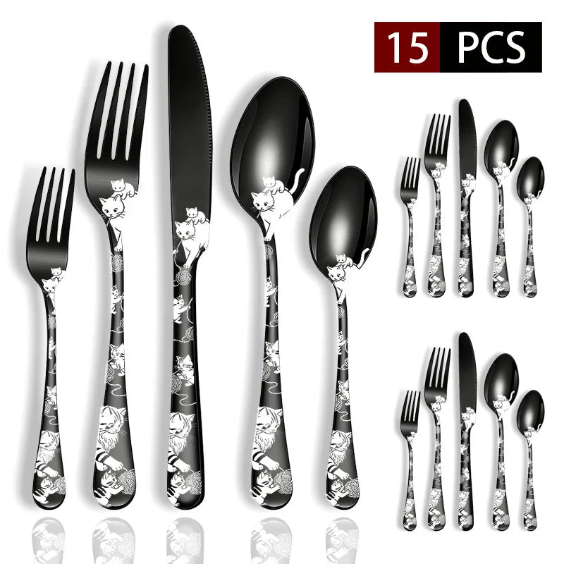 Set di posate in acciaio inossidabile con incisione laser Rose Cat, 4/15/25/40 pezzi, coltello, forchetta, cucchiaio, per coppie, stoviglie per feste