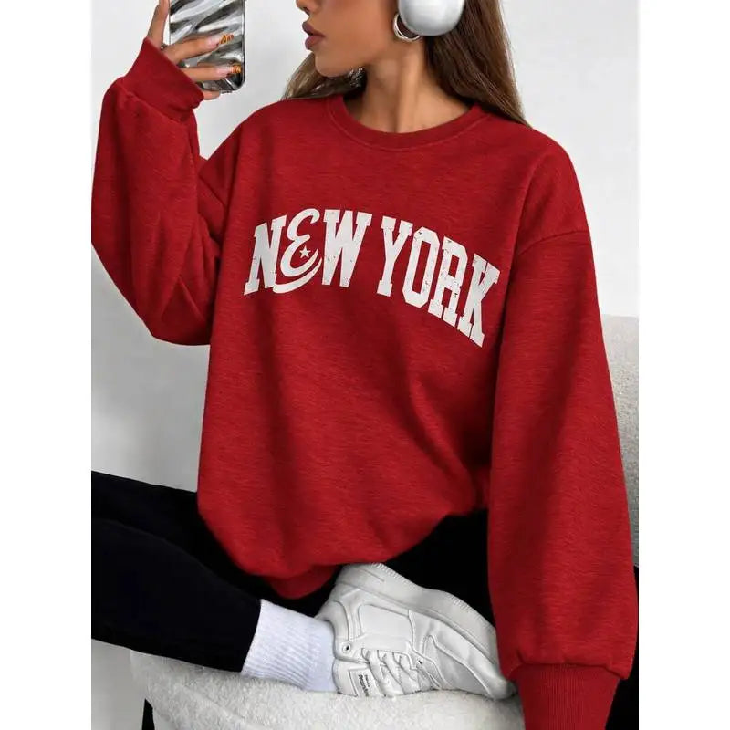 Felpa con stampa a tema New York, felpa da donna con collo alla marinara e fodera in pile, felpe sportive e per il tempo libero, ideali per l’autunno e l’inverno.