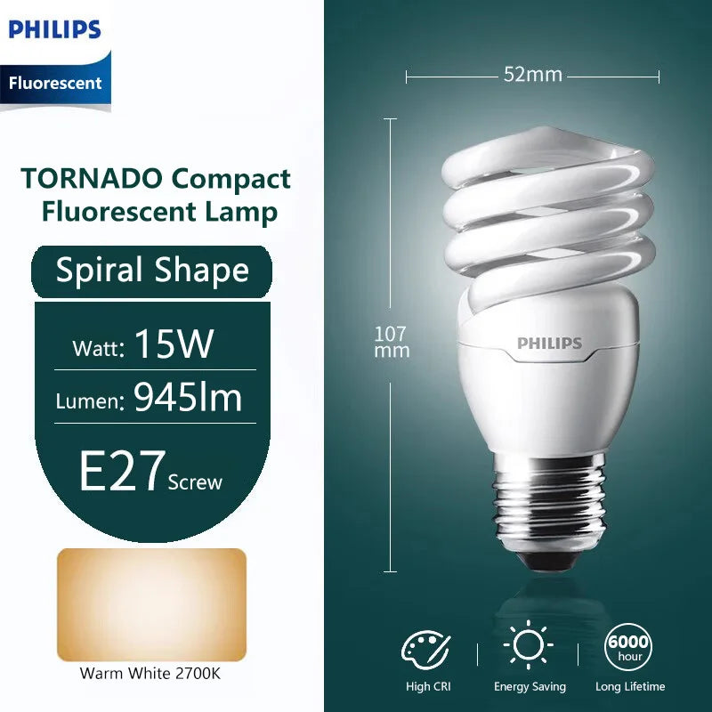 Philips Tornado Vite Edison fluorescente compatta E27 Luce a spirale 8W 12W 15W Lampadina a risparmio energetico 2700K 6500K Lampada a forma di torsione