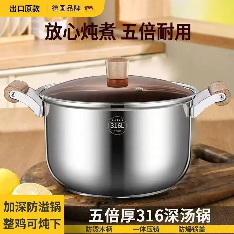 Pentola per zuppe in acciaio inossidabile 316, spessa, adatta all’uso alimentare, pentola per latte, vaporiera, compatibile con fornelli a gas e piani cottura a induzione, universale.