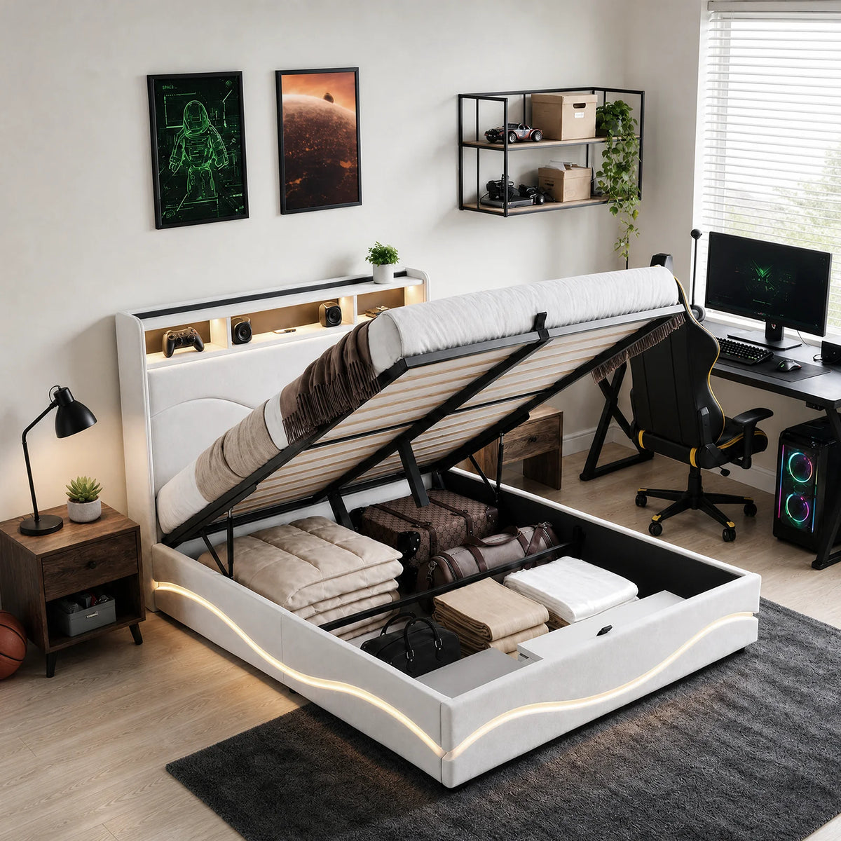 Letto matrimoniale con struttura idraulica, rivestito in velluto color beige, dimensioni 140x200 cm, dotato di base a doghe e testiera con vano contenitore, senza materasso incluso, ideale per la camera da letto.