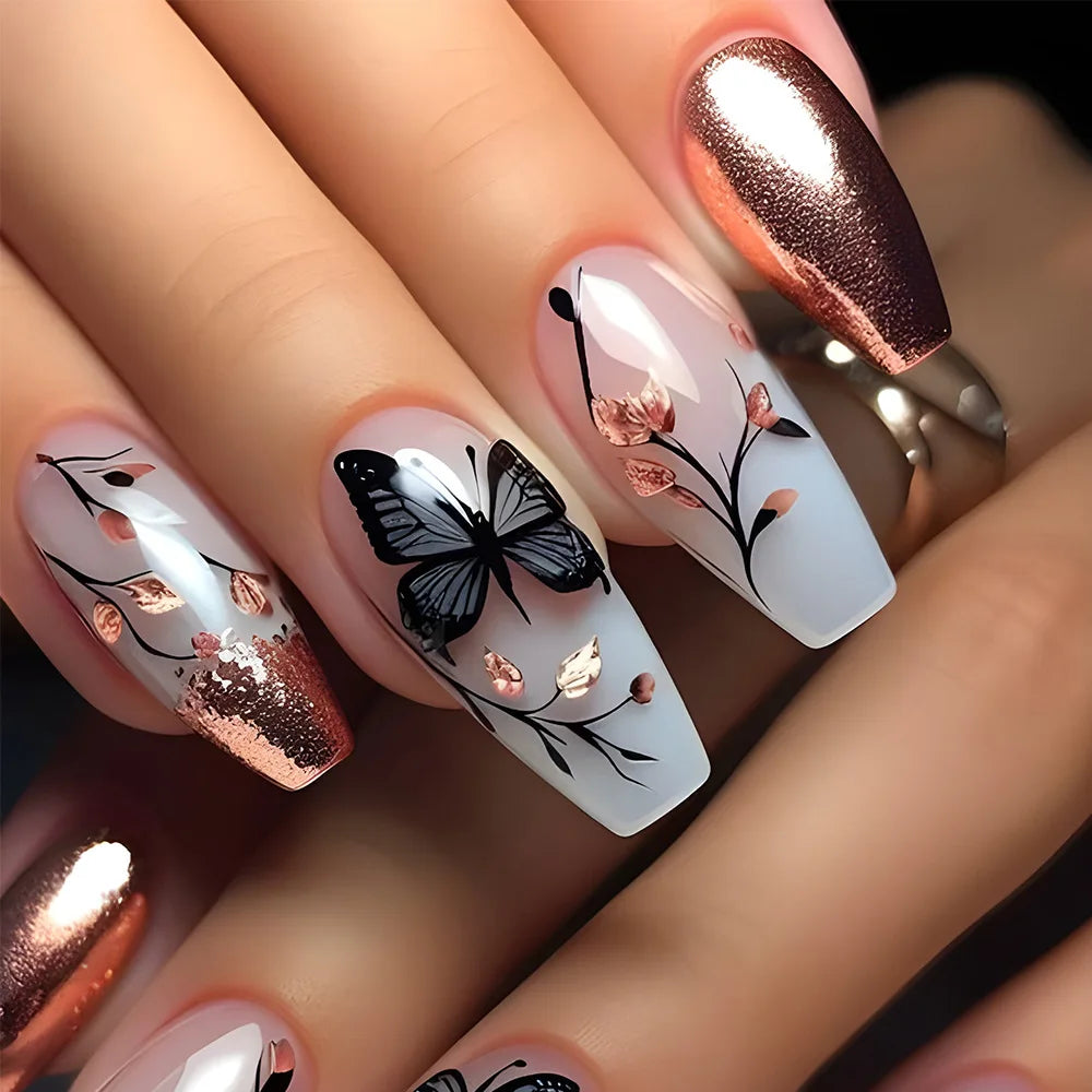 24 pezzi Stampa sulle unghie Design floreale Balletto di media lunghezza Unghie finte Moda Marrone Copertura completa Suggerimenti per manicure Set di unghie finte danneggiabili