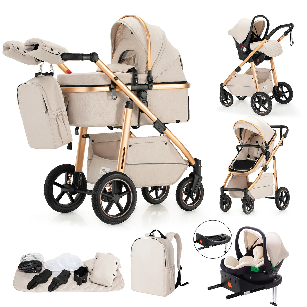 Passeggino 3 in 1 High Landscape per Neonati, Carrozzina Pieghevole Portatile di Lusso con Seggiolino Auto e Navicella da Viaggio