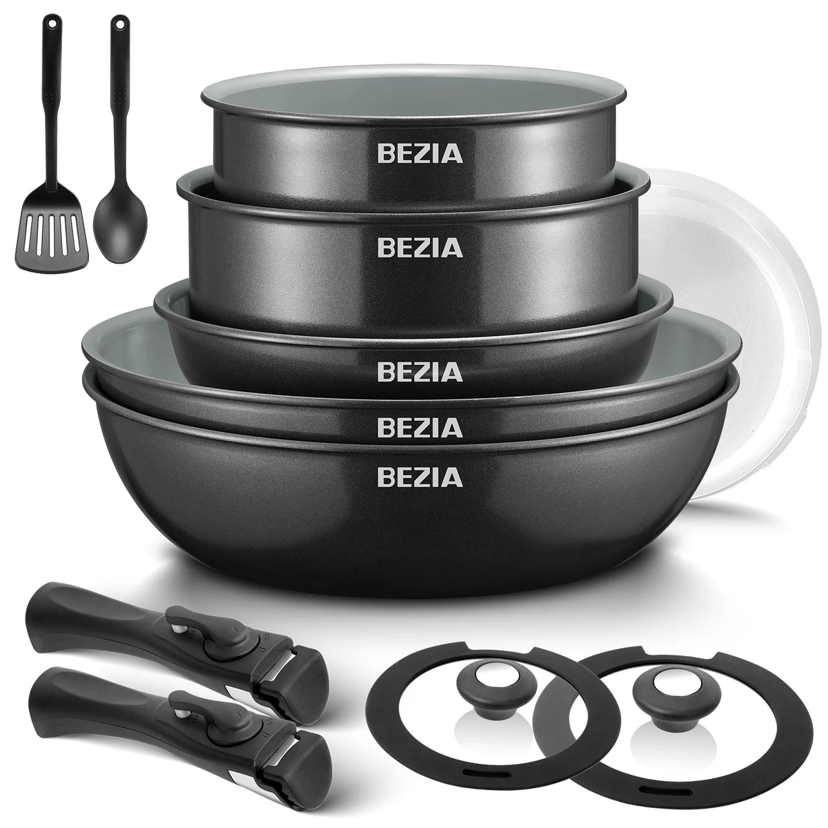 Pentole a induzione Bezia con rivestimento in ceramica sana, pentole e padelle antiaderenti Set 13 pezzi con manici staccabili