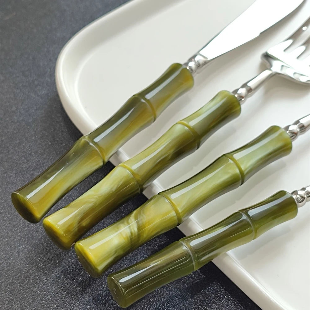 Nuovi posate in resina stile bambù 18/10 in acciaio inossidabile 304 posate classiche set di stoviglie argento blu verde crema trasporto di goccia