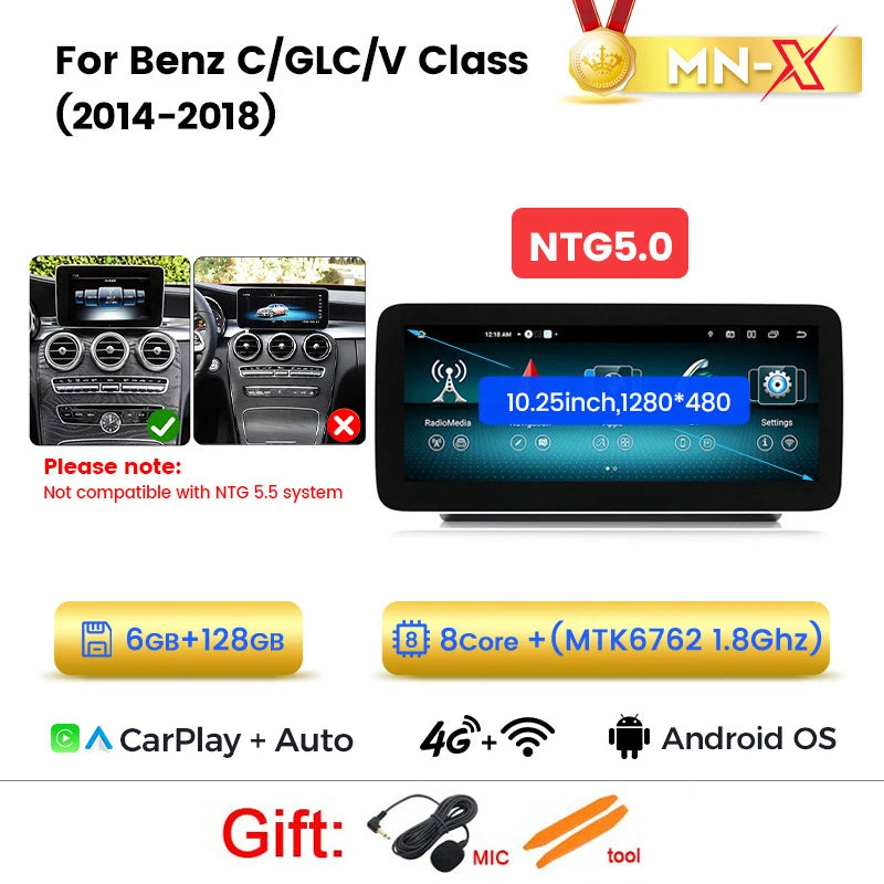 Mekede, autoradio Android 15 con schermo touchscreen da 10,25 pollici, CarPlay wireless, sistema multimediale per auto, compatibile con Mercedes Benz Classe C W205 S205 (2014-2018), navigazione GPS, schermo per la visualizzaz