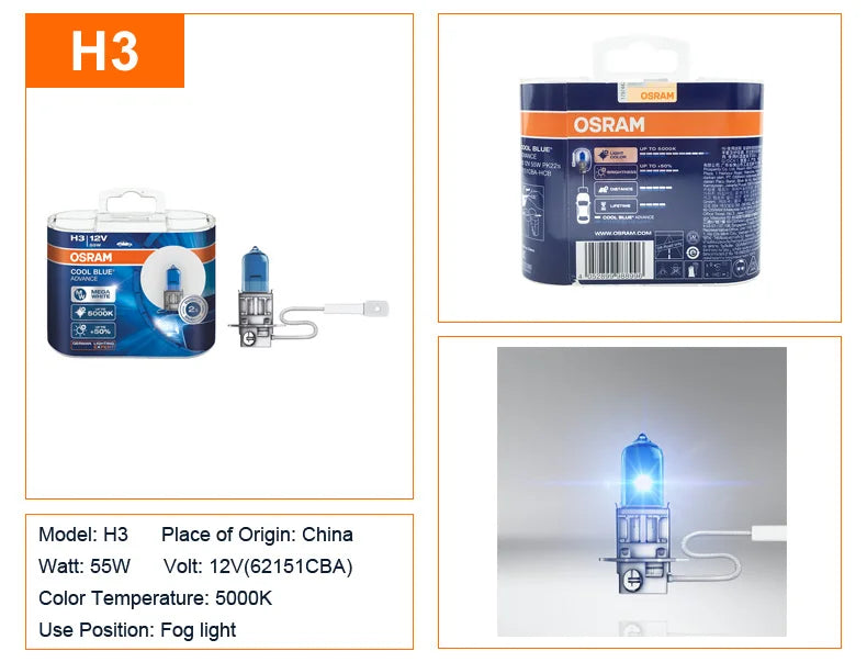 OSRAM Cool Blue Advance H4 H7 H9 H11 12V 5000K Bianco puro H1 H3 HB3 HB4 Xenon Look Auto Lampade alogene Faro originale