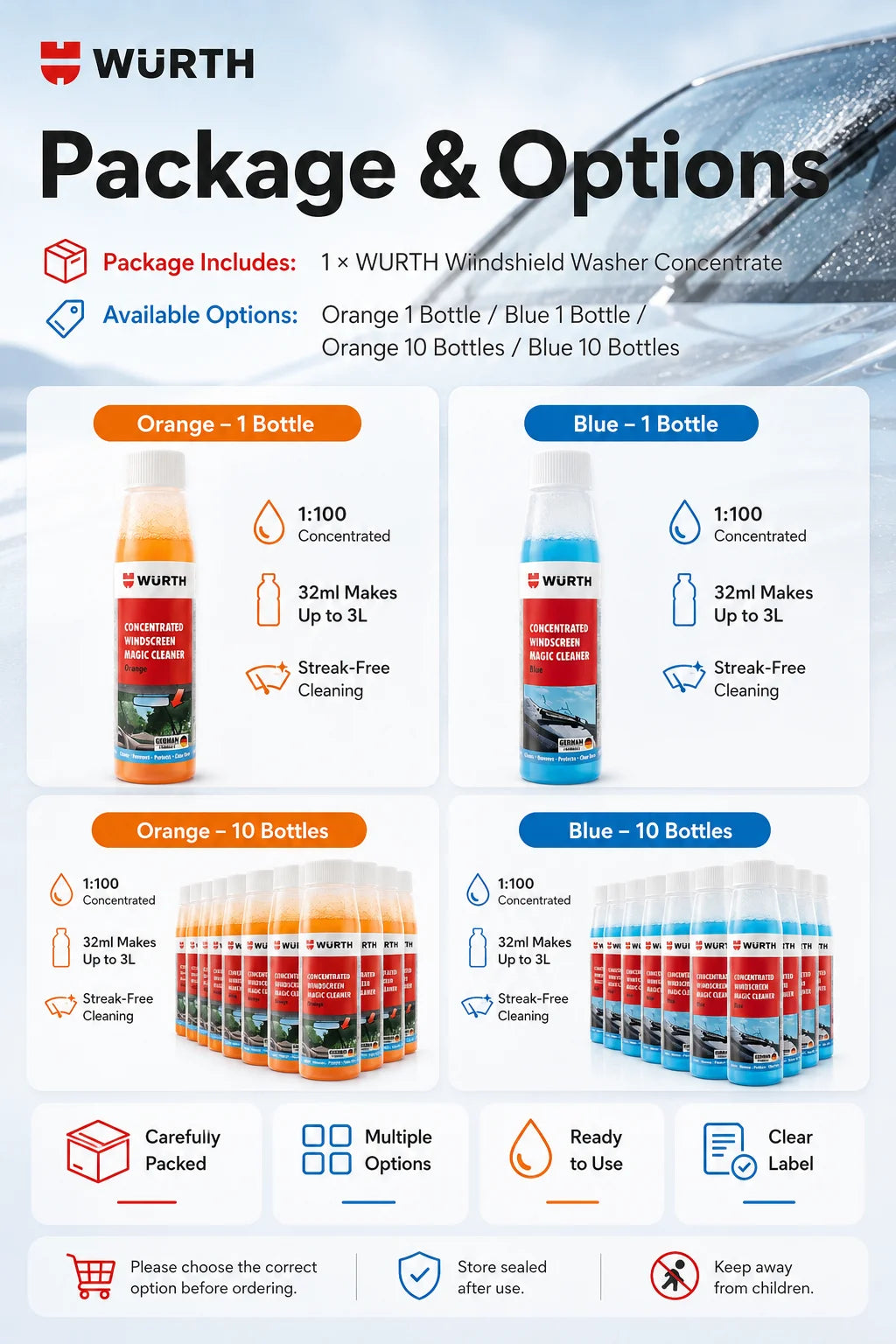 WURTH Detergente Concentrato per Parabrezza 1:100 Miscelazione Rapida Senza Aloni per Vetri Auto 32ml Arancione Blu