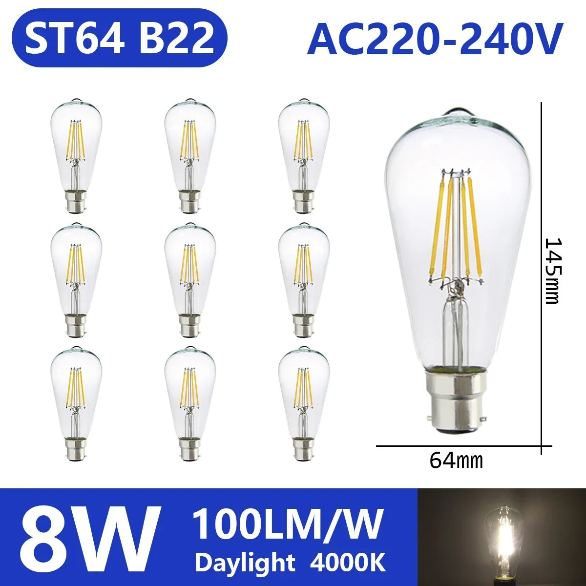 Confezione da 10 lampadine a filamento LED per E27 B22 220V 240V 4W 6W 9W Lampadine a LED bianche calde Lampada in vetro vintage