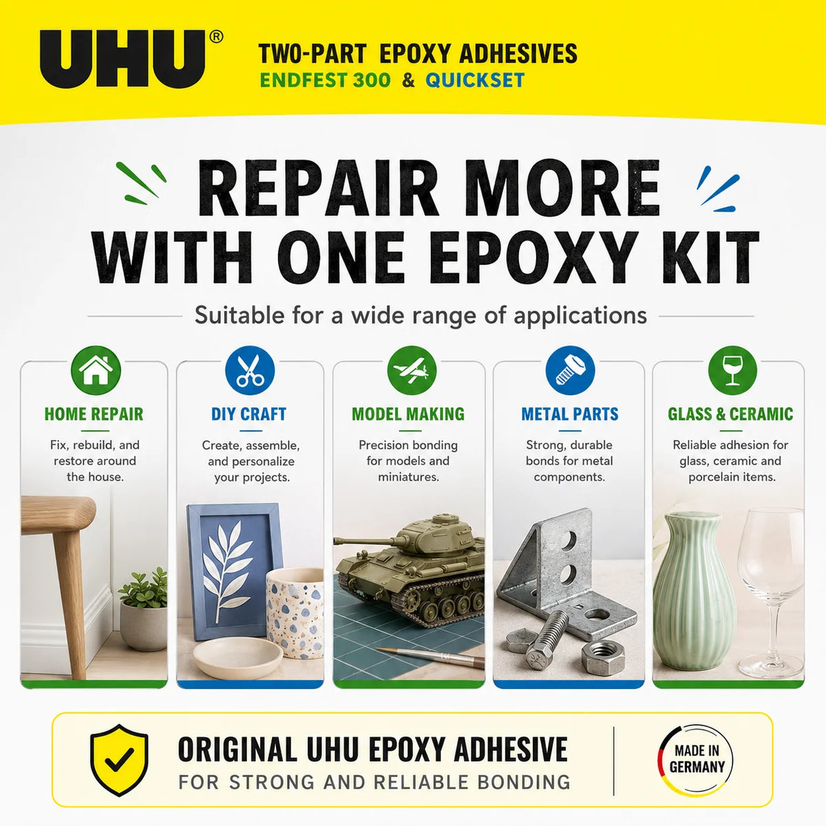 Adesivo Epossidico Bicomponente UHU Plus Endfest 300 Quickset Originale, Colla ad Alta Resistenza per Riparazioni Rapide di Metallo, Ceramica, Vetro e Legno
