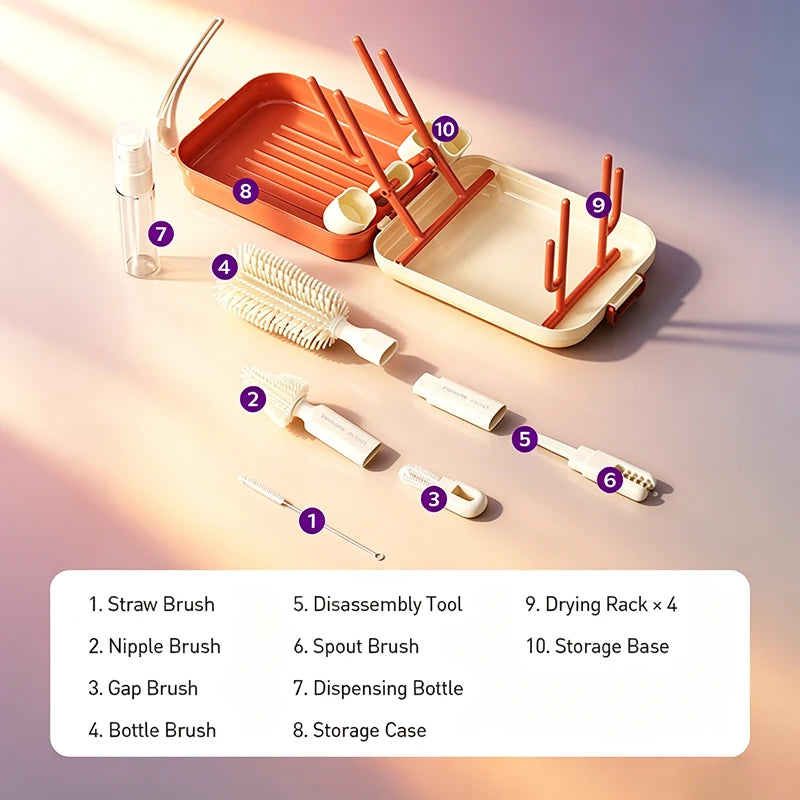 Set di 10 spazzole per la pulizia delle biberon Avent W67 con testina in silicone a ventosa magnetica per lavare e scolare senza danneggiare la biberon
