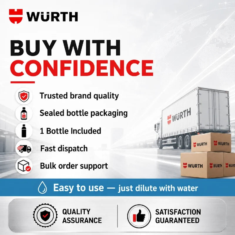 Liquido Lavavetri Concentrato Wurth 1:100, Detergente per Vetri Auto, Rimuovi Pellicola Oleosa e Residui di Insetti, Additivo per Tergicristalli 32ml
