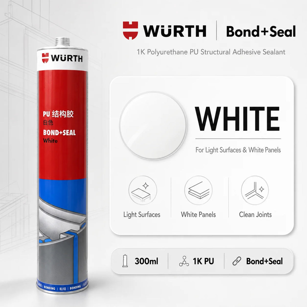 Adesivo Strutturale Poliuretanico PU Originale Wurth Bond+Seal 1K Bianco Grigio Nero per Auto Metallo Legno Calcestruzzo