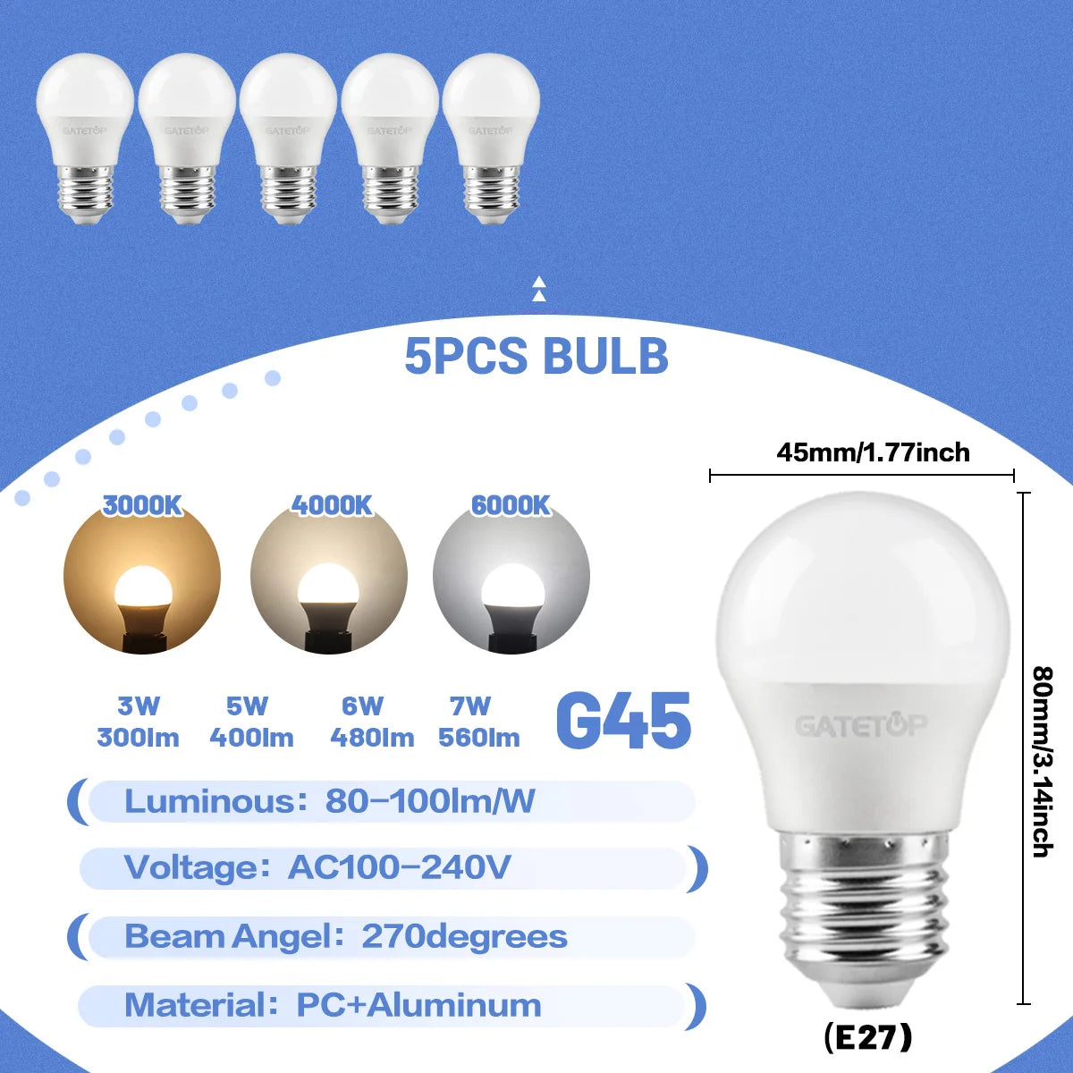1-10 Pezzi Lampadina LED Mini G45 3W-7W AC100-240V E27 Luce Diurna Fredda per Illuminazione e Decorazione Soffitto Soggiorno