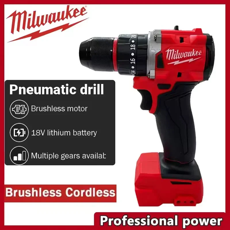 Trapano a percussione compatto Milwaukee M18, 100% senza spazzole, motore leggero ad alta potenza, ideale per la foratura quotidiana di metallo e legno.