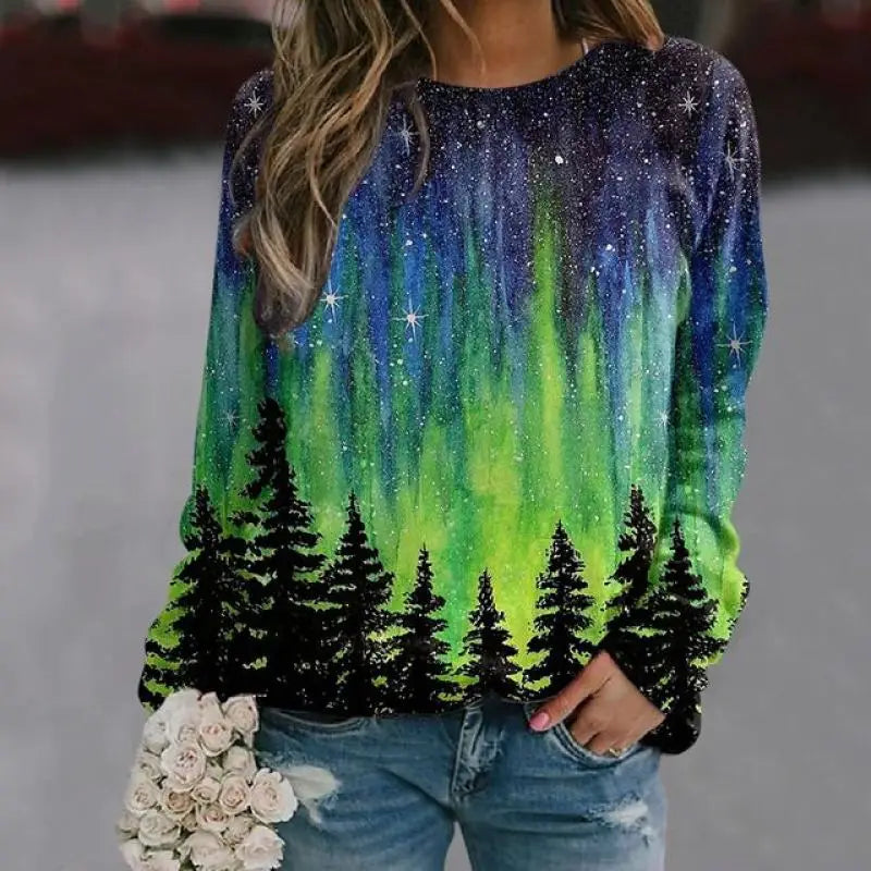 Autunno Paesaggio 3D Stampa Felpe Maniche Raglan da Donna Eleganti Felpe Casual Y2k Pullover Harajuku Magliette E Camicette Abbigliamento Femminile