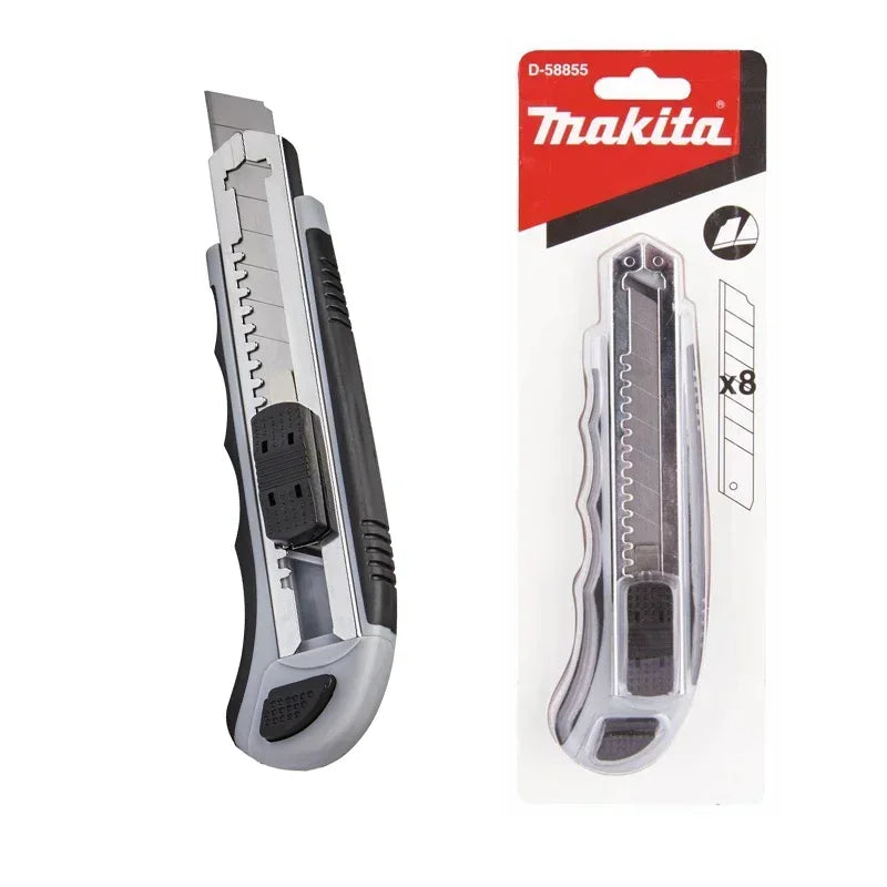 Coltello multiuso Makita con lame a scatto, caricamento facile, lame extra retrattili, impugnatura comoda in gomma, strumento manuale combinato completo