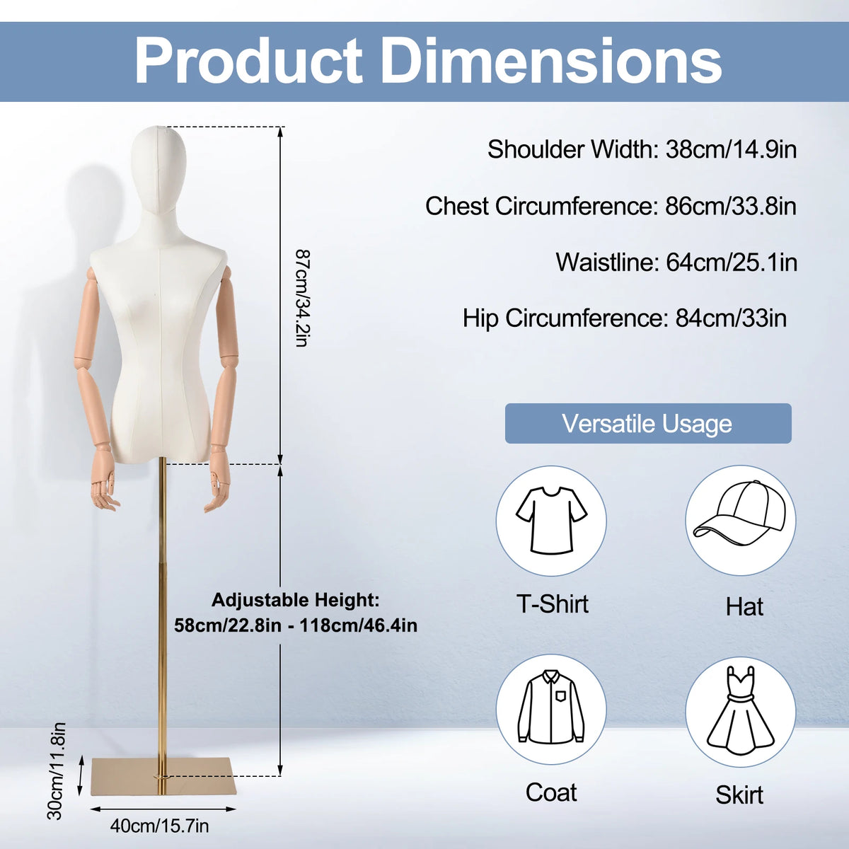 Manichino Regolabile per Sartoria ed Esposizione, Torso Femminile con Testa e Braccia Staccabili, Supporto Dorato Regolabile in Altezza, con Rivestimento in Lino, per Abbigliamento Donna, Uomo, Bambino e Esposizione Gioielli