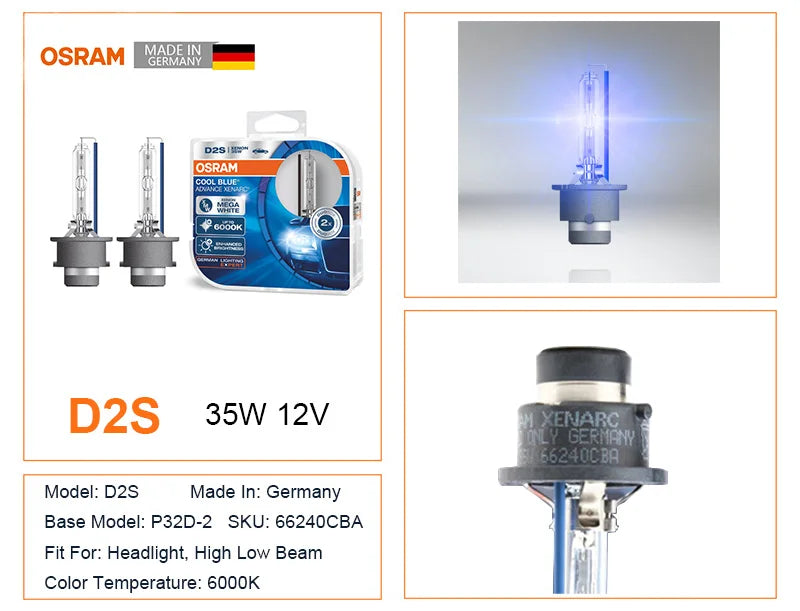 OSRAM HID D3S D1S D2S D4S Cool Blue Advance CBA Xenon Super White Faro per auto Fascio alto/basso Originale 6000K12V 35W (2 pezzi)