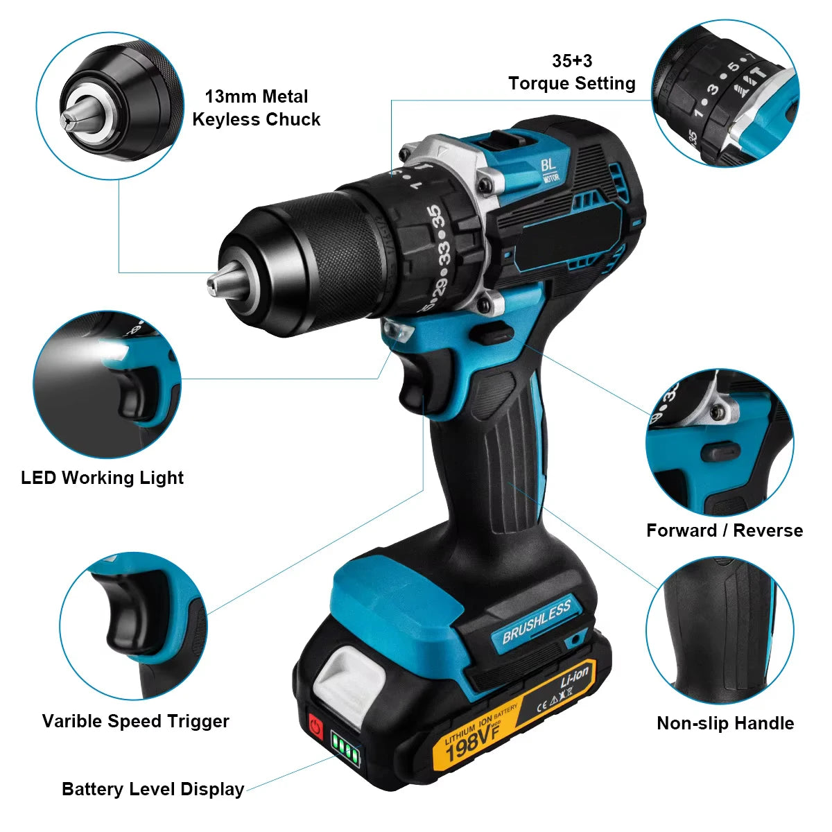Trapano avvitatore a percussione Makita DDF487 da 13 mm, brushless, per uso domestico, 18V agli ioni di litio, con elevata coppia, compatibile con batteria Makita 18V.