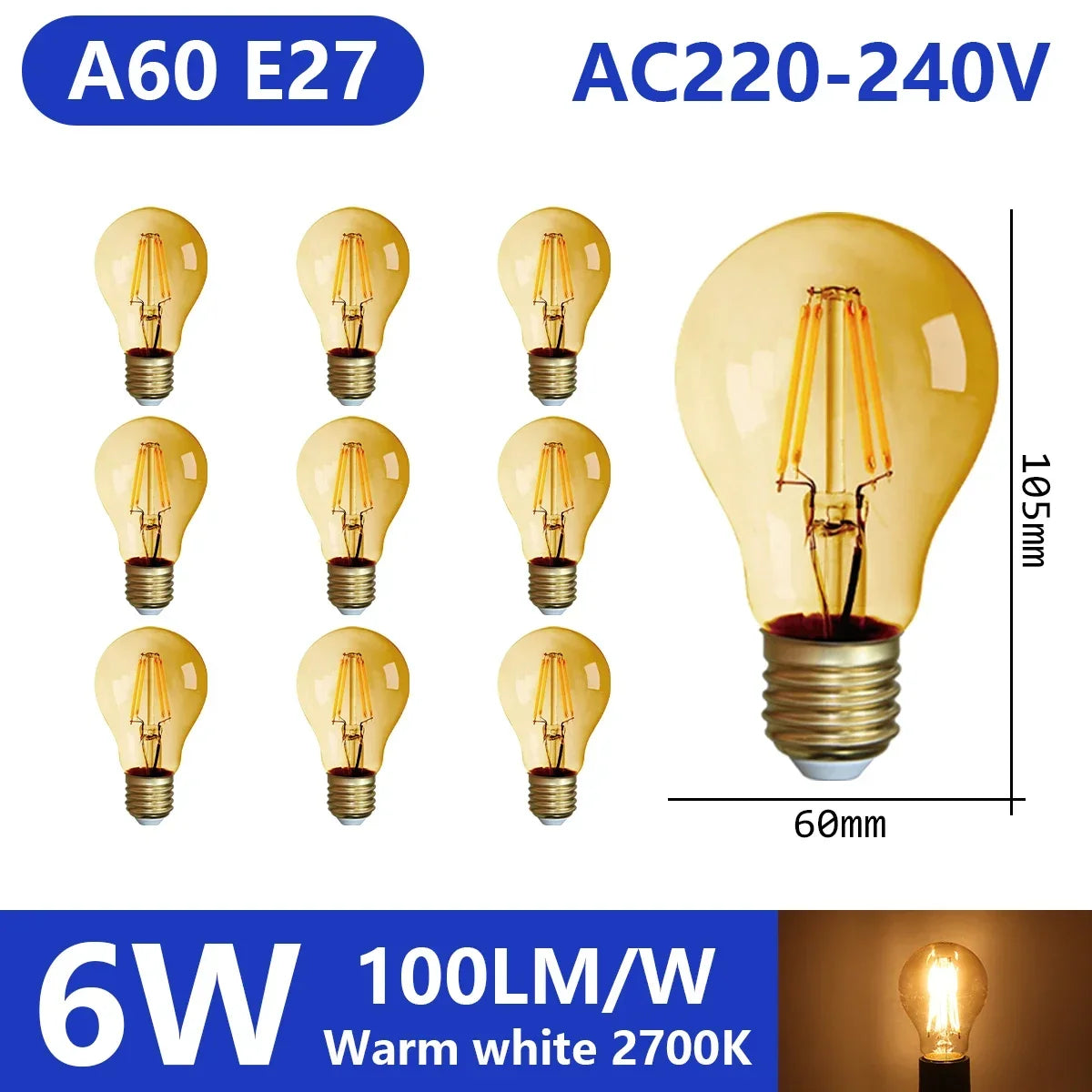 Confezione da 10 lampadine a filamento LED per E27 B22 220V 240V 4W 6W 9W Lampadine a LED bianche calde Lampada in vetro vintage