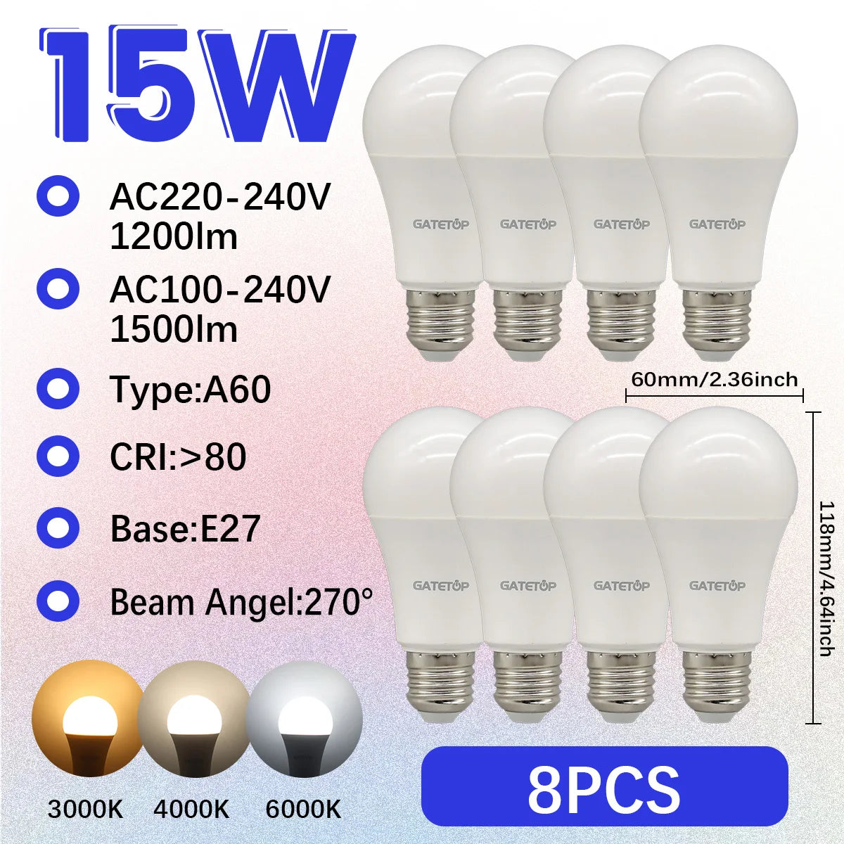 Confezione da 1-10 Lampadine LED 15W 120V 220V 3000K 4000K 6000K Luce Diurna CRI80 Senza Sfarfallio per Illuminazione Domestica Camera da Letto