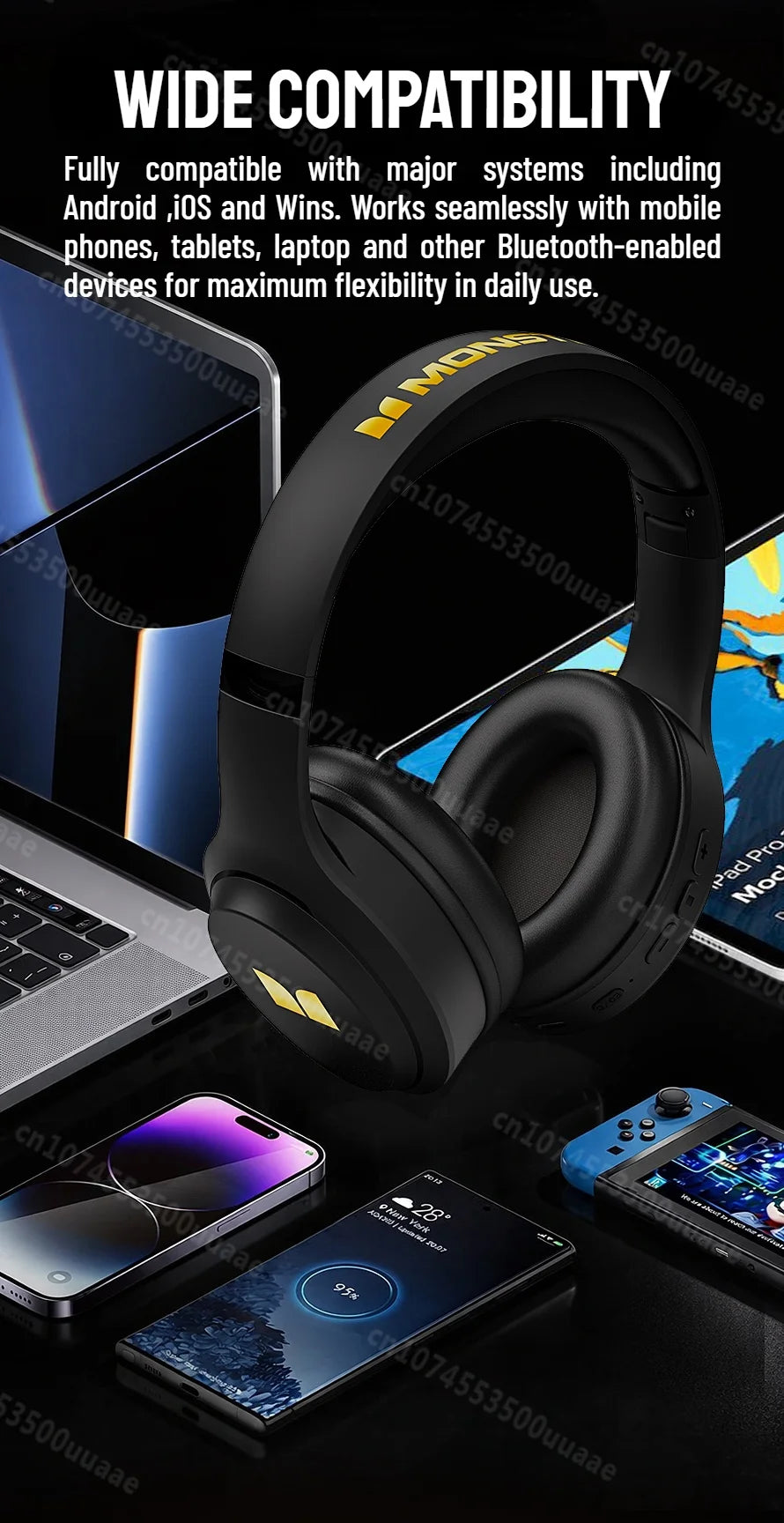 Cuffie Bluetooth 6.0 Monster N21 con Doppia Modalità EQ, Auricolari Stereo Immersivi, Pieghevoli Over-Ear, con Microfono, Cablate/Wireless