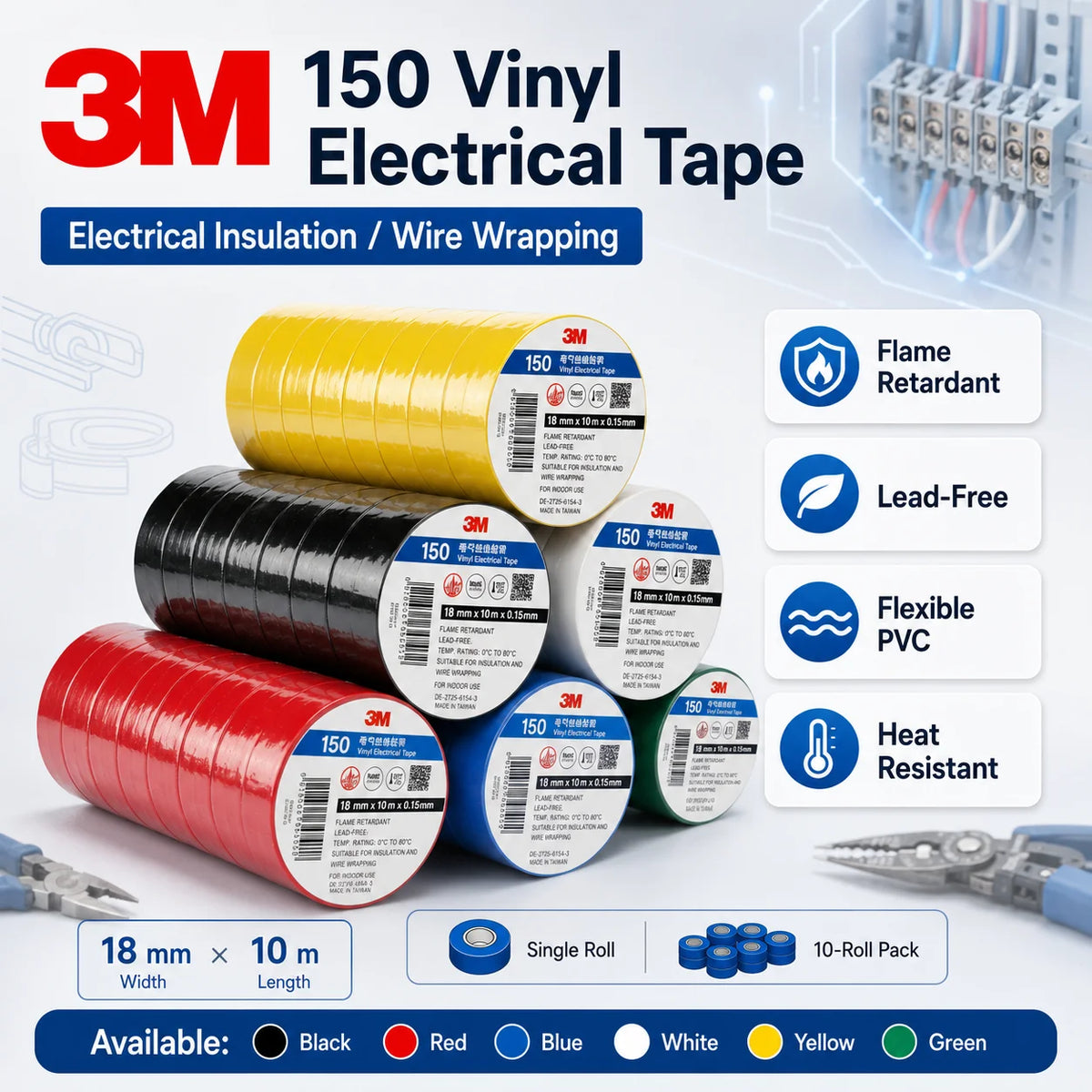 Nastro isolante in PVC 3M 150, ignifugo, senza piombo, per la riparazione di cavi e fili elettrici, 6 colori, 18mmx10m