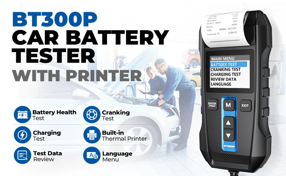 TOPDON BT300P Tester per Batterie Auto 12V 24V, Tester di Carico Automobilistico 100-2000 CCA con Stampante Integrata, Strumento Diagnostico per Sistema di Avviamento e Ricarica, Analizzatore per Batterie AGM, Gel, EFB e a Pi