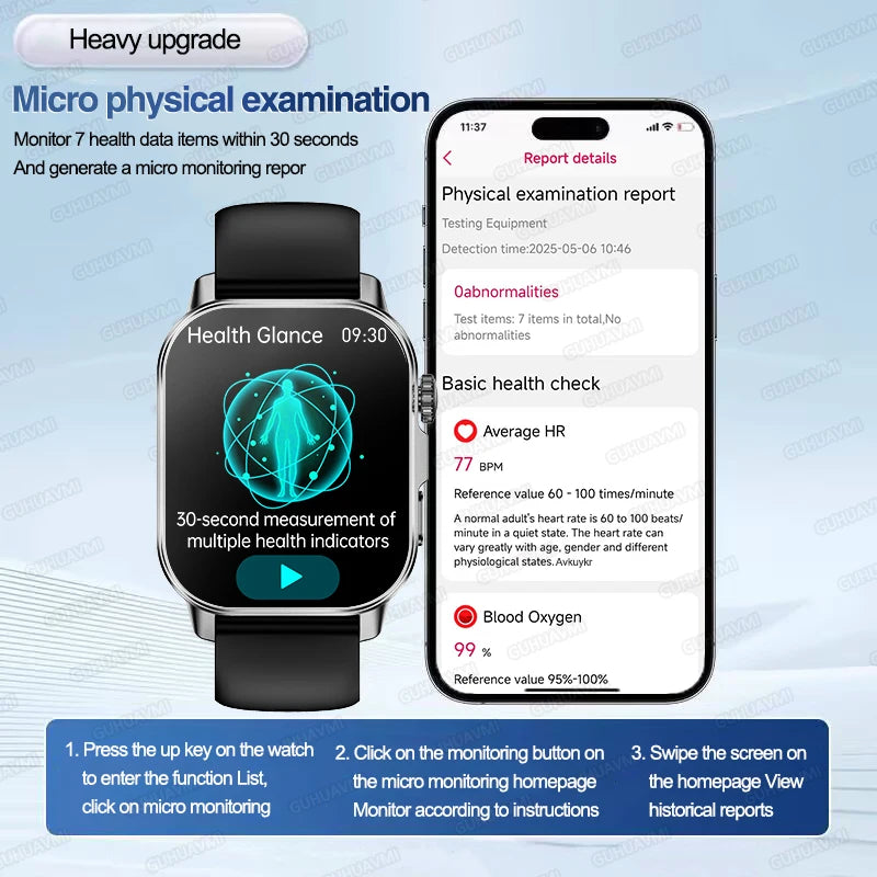 Nuovo Smartwatch per Uomo con Diagnosi ECG Accurata, Misurazione di Pressione Sanguigna, Ossigeno nel Sangue, Grasso nel Sangue, Acido Urico, Temperatura, Chiamate Bluetooth