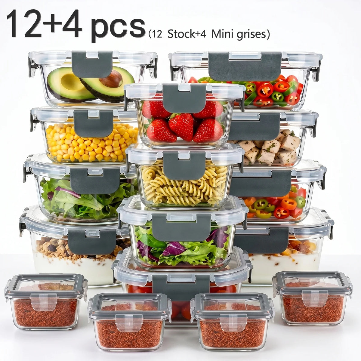 Set di 12+4 Contenitori in Vetro per Alimenti con Coperchi Ermetici, Contenitori Impilabili a Prova di Perdite per Preparazione Pasti, Scatole in Vetro Sicure per Frutta, Verdura, Cibi Cotti, Organizzazione Dispensa