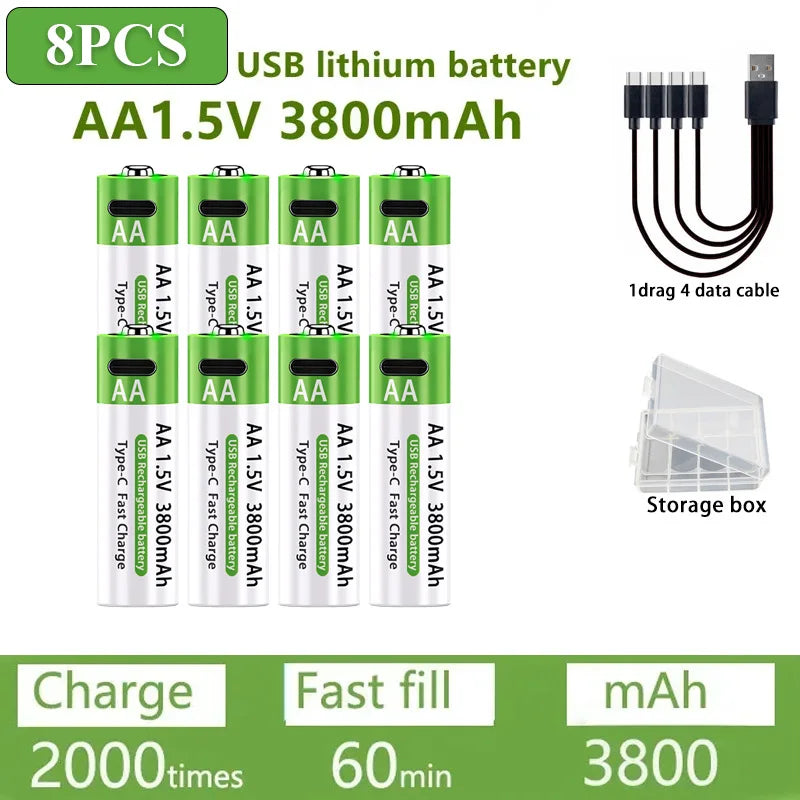 Nuove Batterie al Litio Ricaricabili AA 1.5V 3800mAh + AAA 3000mAh, Ricarica Rapida, 1200 Cicli, con Cavi Gratuiti e Scatola