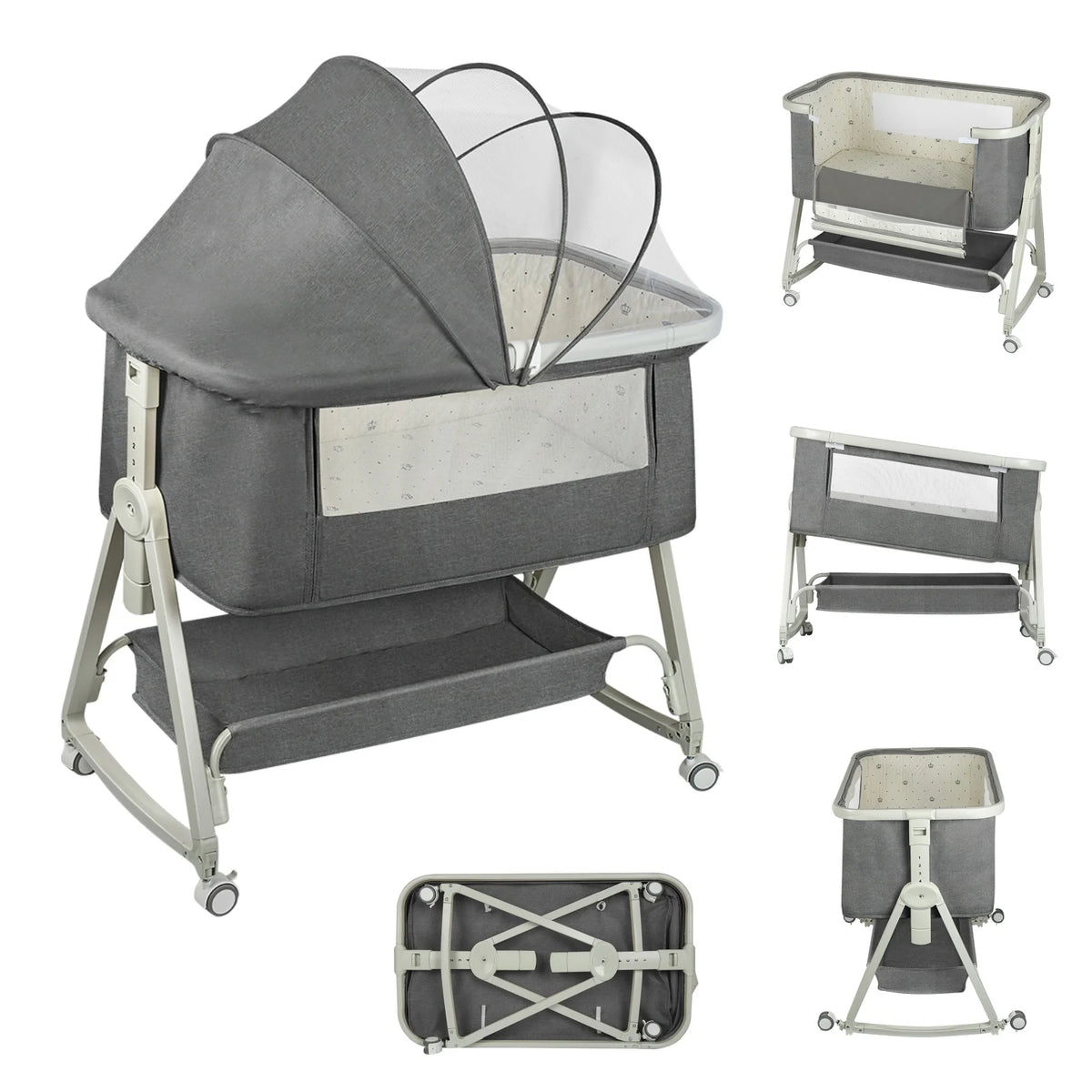 Culla 4-in-1 per Neonati, Culla Co-sleeping con Ruote Integrate, con Materasso e Zanzariera, Grigio, 91L X 50L X 68-81H Cm