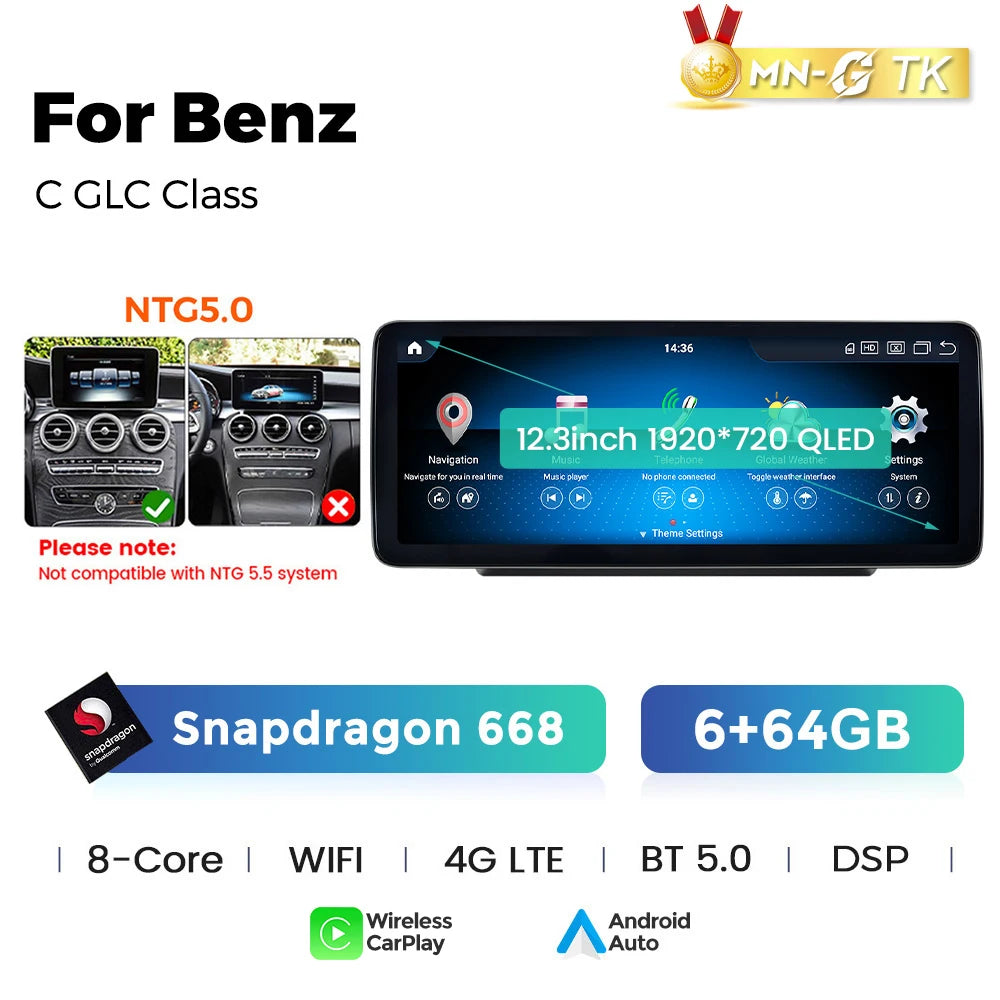 MEKEDE 10.25/12.3” QLED Snapdragon 4G Wireless CarPlay Auto per Mercedes Benz Classe C W205 S205 2014-2018 Lettore multimediale per auto