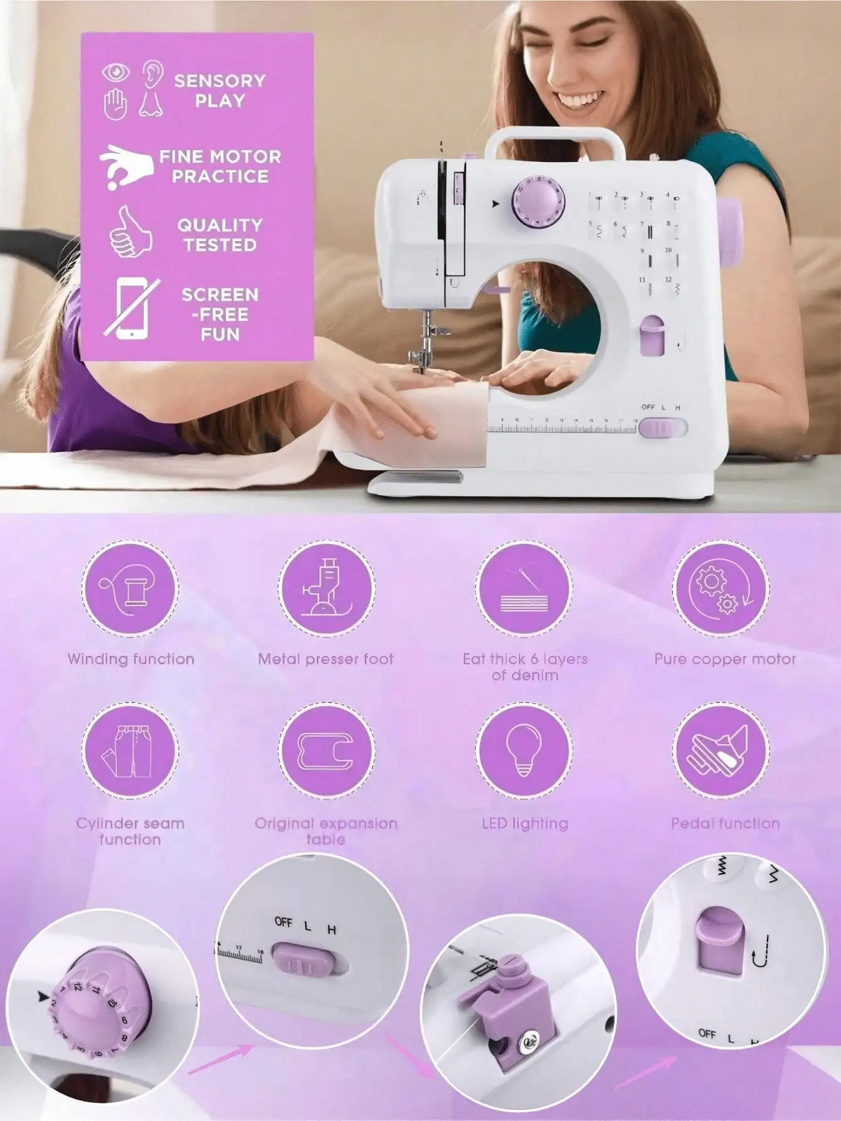 Macchina da cucire elettrica portatile per uso domestico, con 12 tipi di punto, alimentazione a corrente alternata e a batteria, dotata di un kit di accessori da 32 pezzi, leggera e facile da usare, ideale per principianti, p