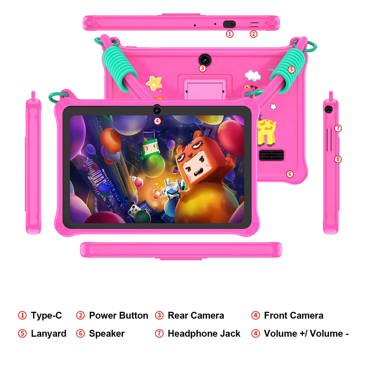 PRITOM Kids Tablet da 7 pollici Android 13 4 GB (2+2 espandibile) RAM 32 GB ROM WiFi Bluetooth Software di apprendimento installato con cordino