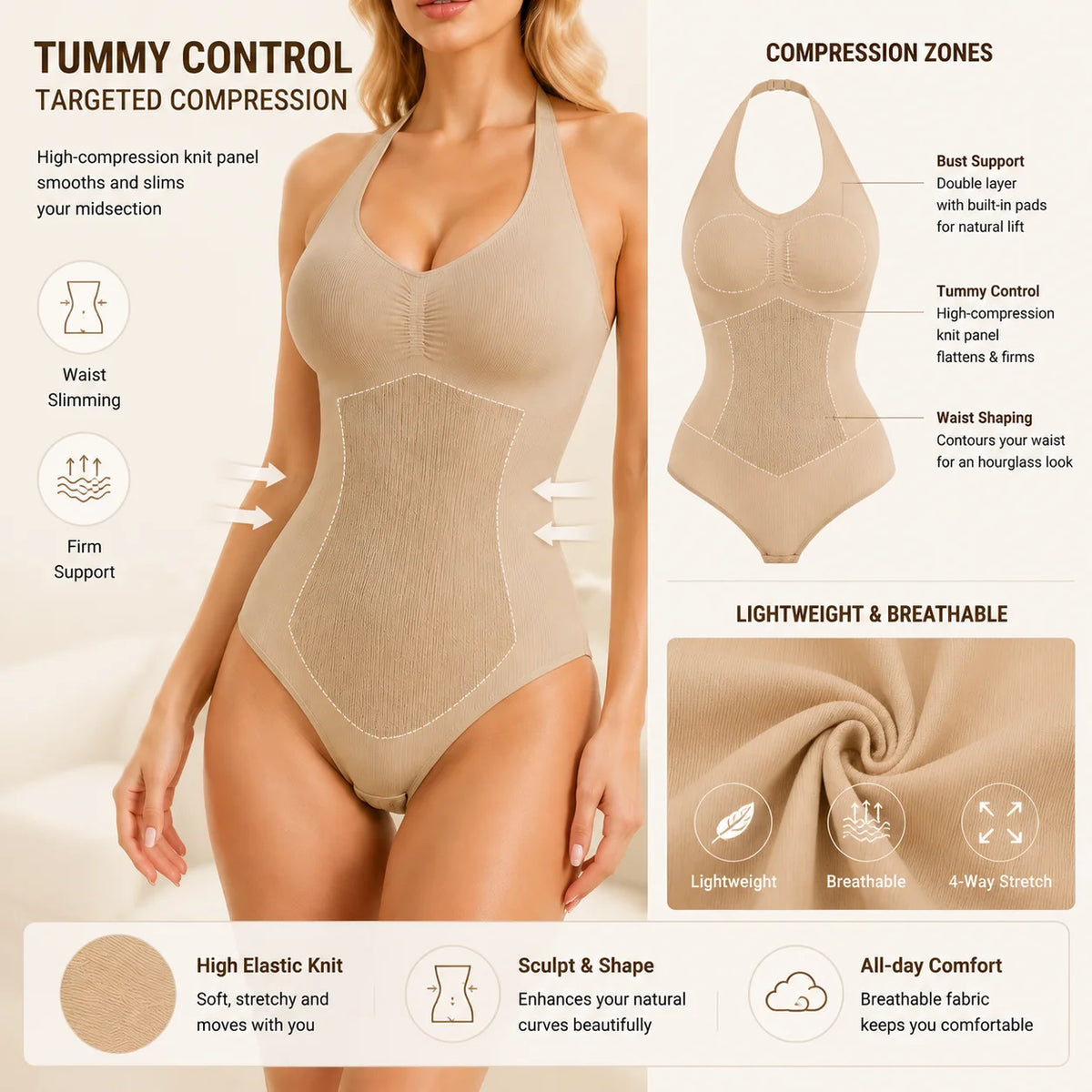 Body modellante da donna con controllo addominale, scollo all'americana, imbottito, modellante, senza schiena, copertura totale, intimo.