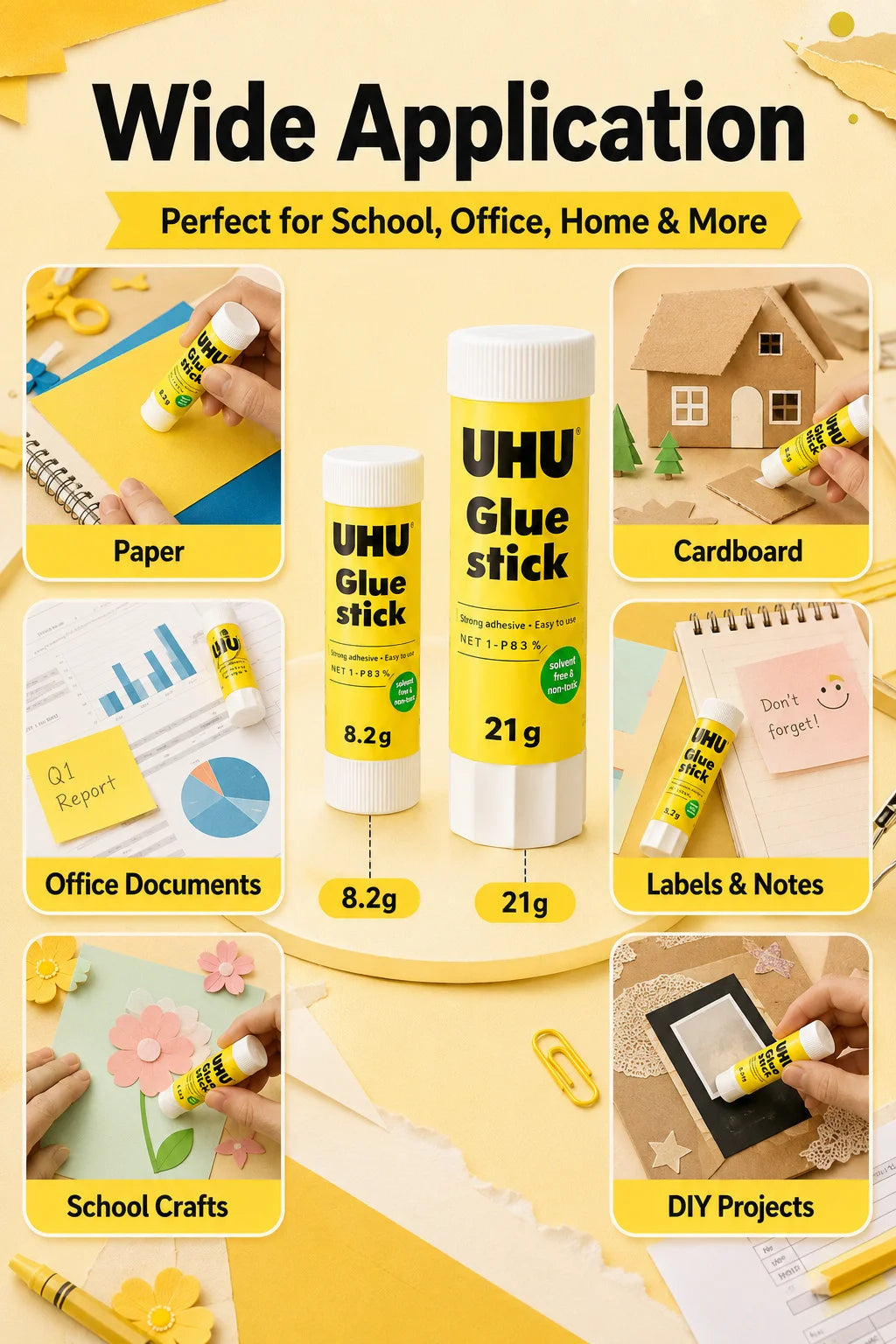 Colla stick UHU 8.2g 21g, colla solida forte, senza disordine, per scuola, ufficio, artigianato, carta.