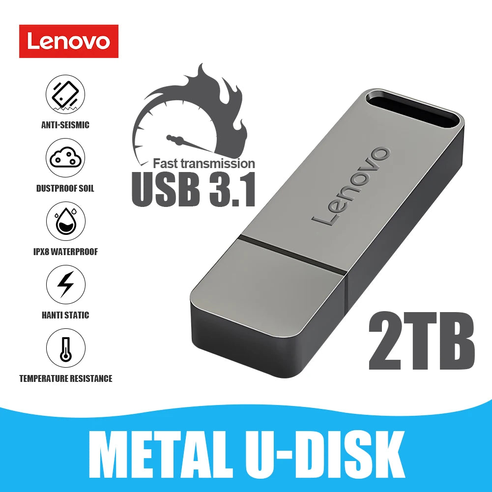 Chiavetta USB Lenovo Mini ad alta velocità, in metallo, resistente e portatile, con capacità di archiviazione di 2 TB/1 TB/512 GB/256 GB/128 GB, ideale per PC, laptop e sistemi audio per auto.