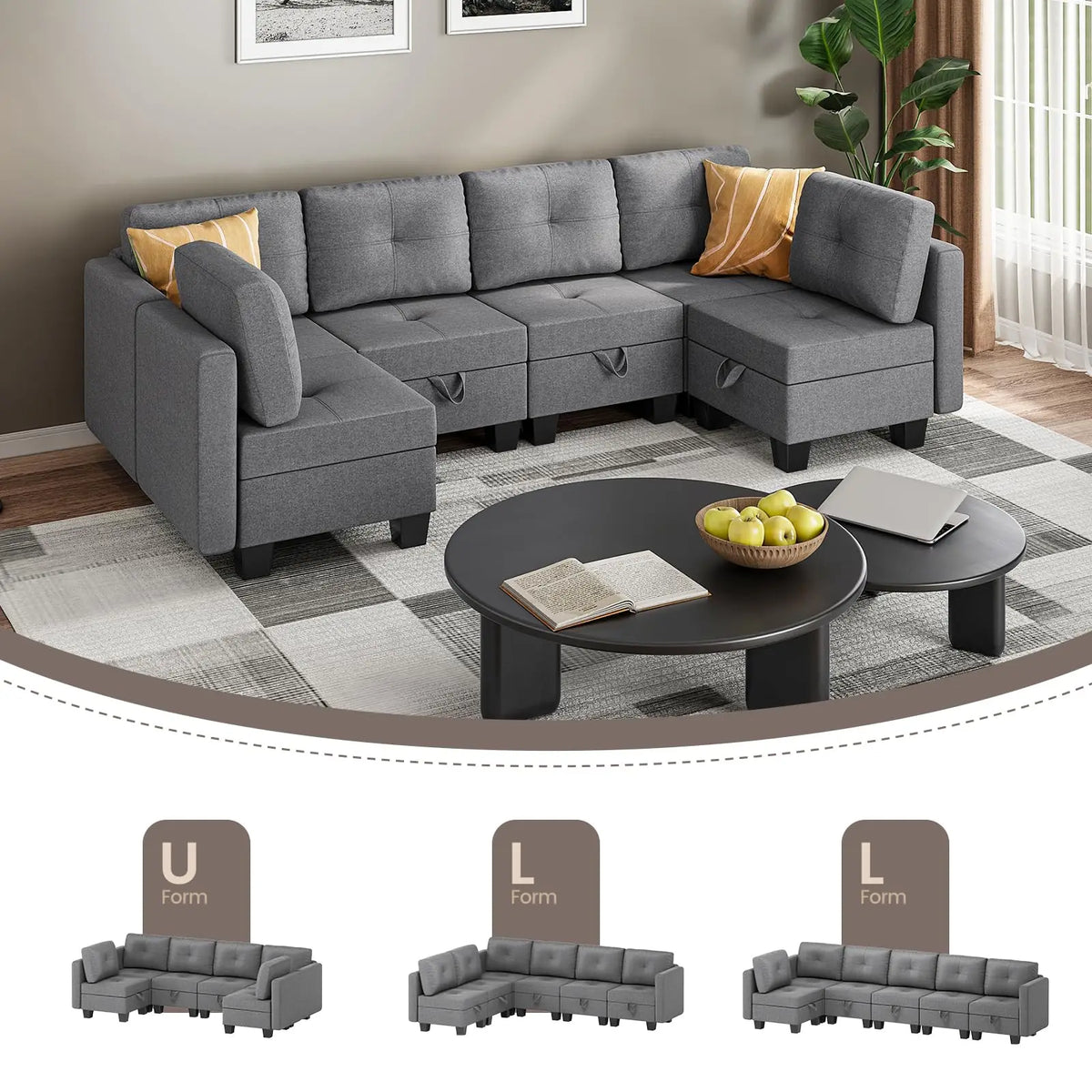 Divano componibile con spazio contenitore, chaise longue trasformabile per soggiorno e camera da letto