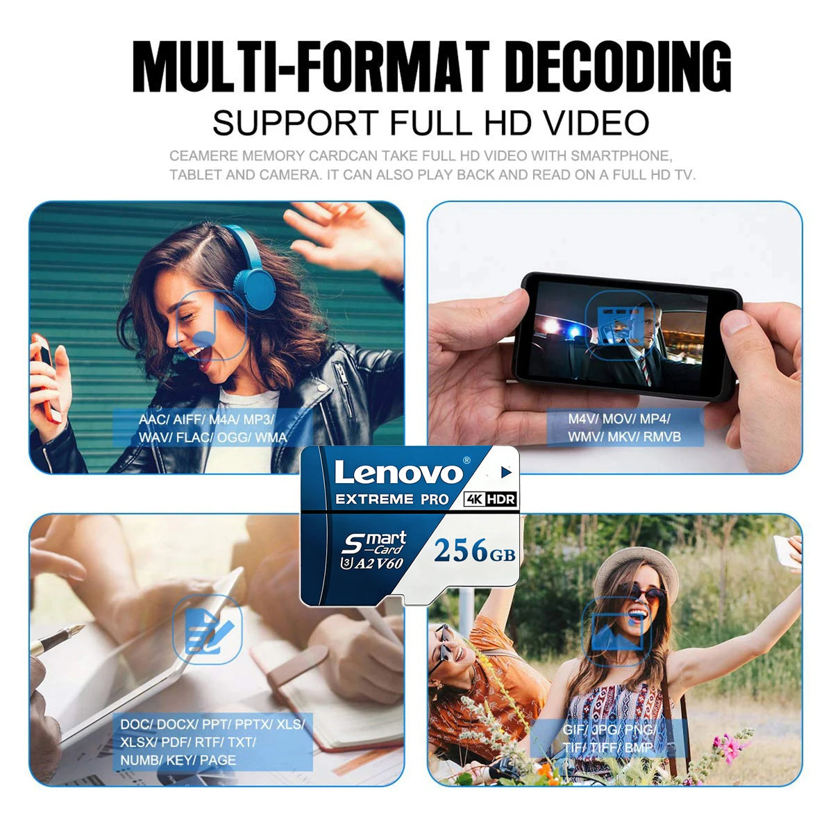 Scheda Micro SD Lenovo 1TB Extreme Pro, scheda di memoria ad alta velocità U3 V60 4K Full HD, 128GB, 256GB, 512GB, schede TF Flash per smartphone e droni.