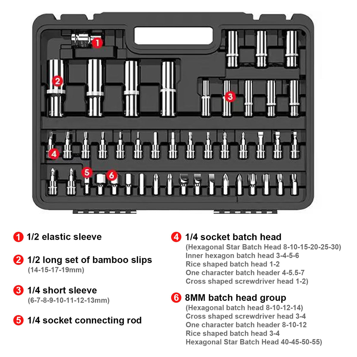 Set di chiavi a cricchetto e bussole da 114 pezzi/100 pezzi, kit di attrezzi per la riparazione di auto, set di chiavi a cricchetto da 1/4" e 1/2", combinazione di chiavi a cricchetto e chiavi dinamometriche, con maschi (M3,